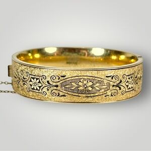 Antique Victorian Black Enamel 12K Gold Filled Bangle Bracelet- Small Dent